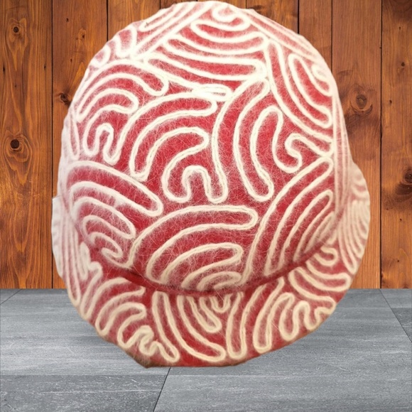 VINTAGE Wool Angora Bucket Hat Gatsby Flapper Costume Grandma Core Red Embroider - Picture 12 of 16